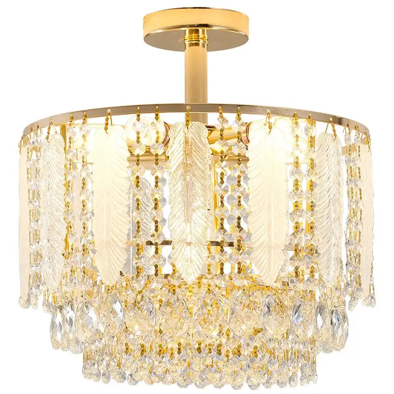 Gold-finished DecorBites crystal chandelier light with clear feather-shaped and cascading teardrop crystals for elegant decor