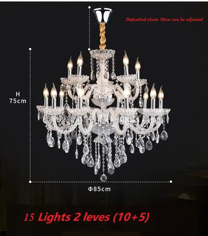 DecorBites crystal chandelier light with 15 clear glass crystals and gold-toned twisted chain for luxury living spaces