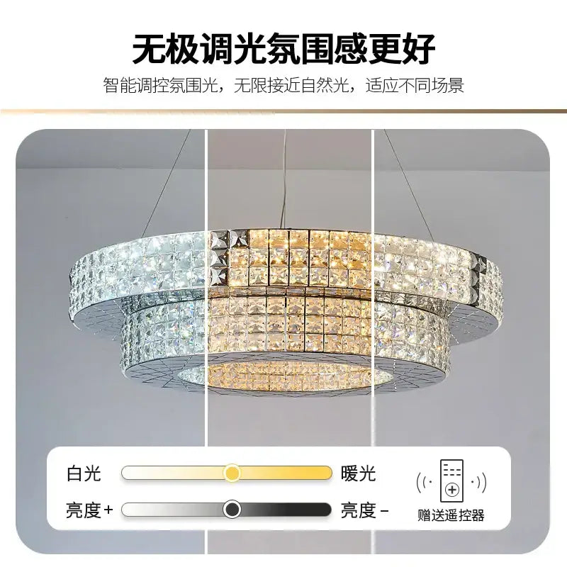 A modern decorbites crystal chandelier light with double-tiered clear and gold crystal panels and a sleek metallic frame