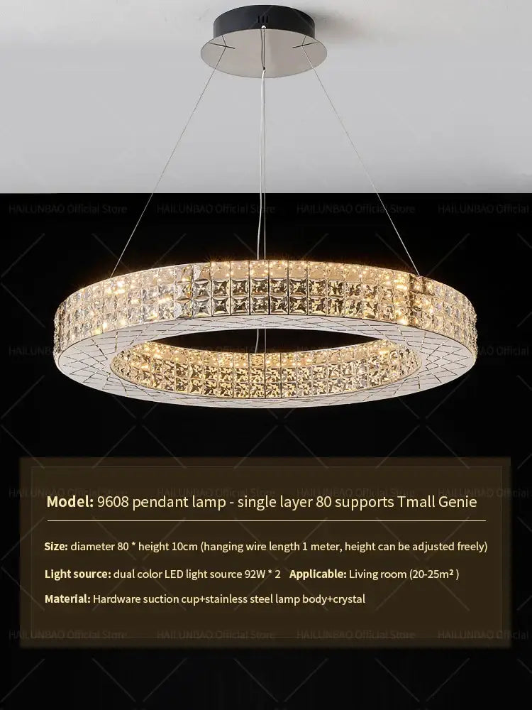 A modern decorbites crystal chandelier light with concentric crystal rings in stainless steel for luxury living room