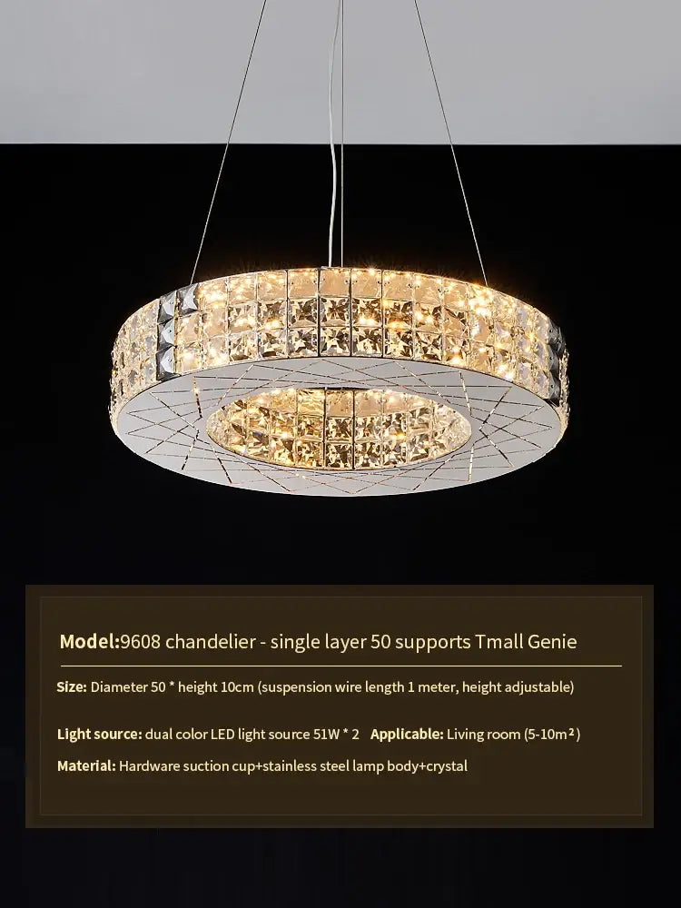 DecorBites crystal chandelier light with stainless steel frame and dual-color LED for luxury living room decor