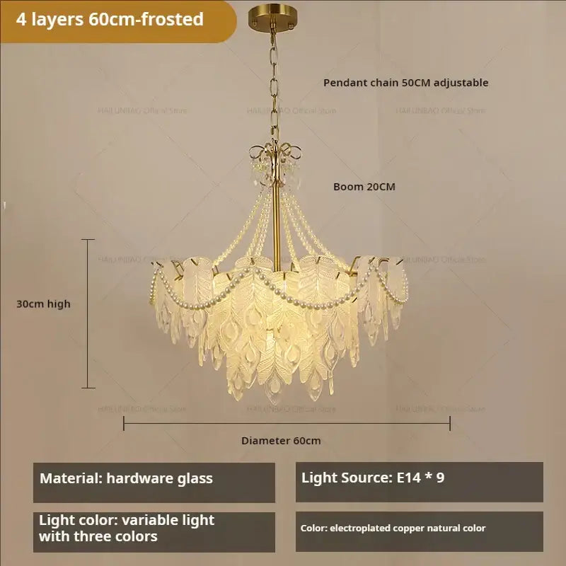 Elegant 60cm decorbites crystal chandelier with frosted glass, copper frame, and leaf-shaped crystal pendants for luxury decor