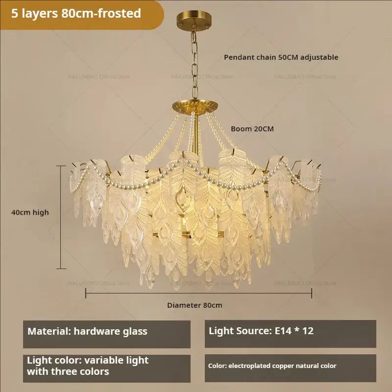 Decorbites crystal chandelier 80cm frosted glass with layered leaf hardware and copper frame for luxury living spaces