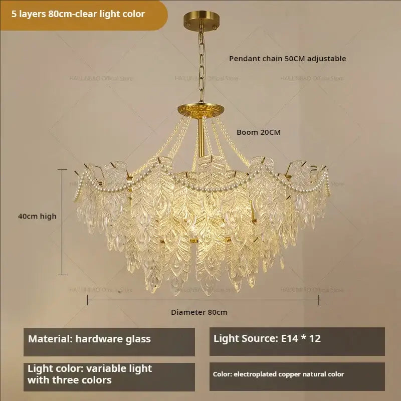 Elegant gold-toned decorbites crystal chandelier light with five layers of glass leaf-shaped crystals and pearl accents