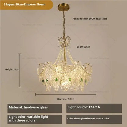 Decorbites crystal chandelier light featuring a three-layered 50cm emperor green crystal glass with copper hardware