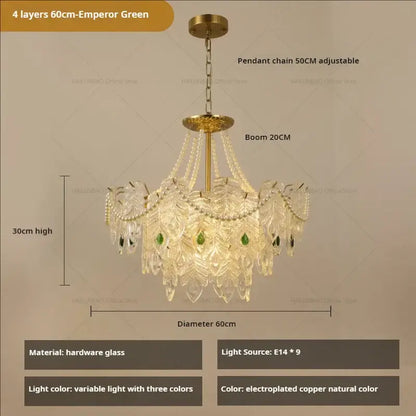 DecorBites crystal chandelier light featuring four layers with gold electroplated copper and green glass accents