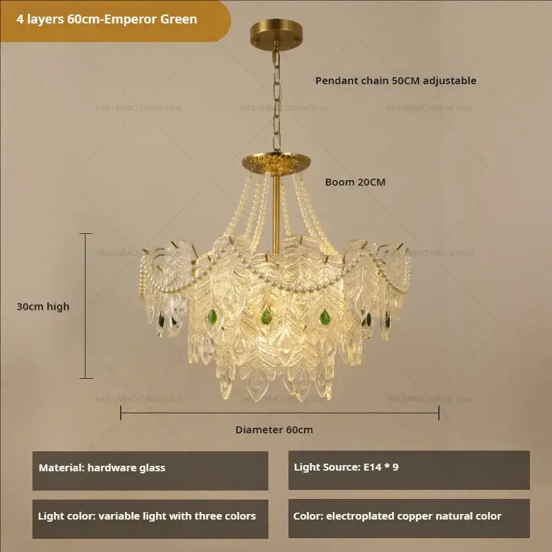 DecorBites crystal chandelier light featuring four layers with gold electroplated copper and green glass accents