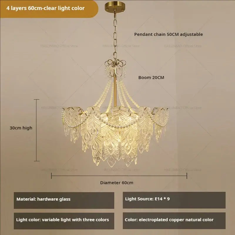 Decorbites crystal chandelier light with gold tone and four layers of cut glass and crystal droplets for living room luxury