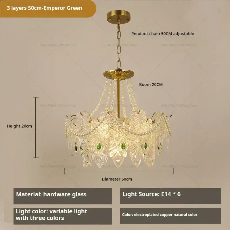 Decorbites crystal chandelier light featuring 50cm green glass leaves with gemstones and pearls for luxury living spaces