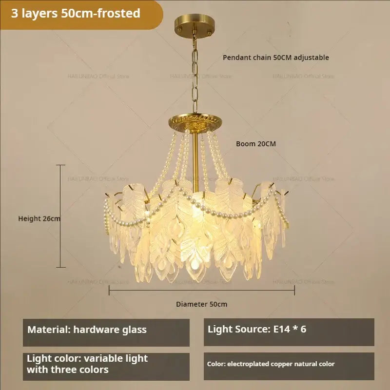 Decorbites crystal chandelier light with frosted glass leaves pearl accents and electroplated copper frame for living room