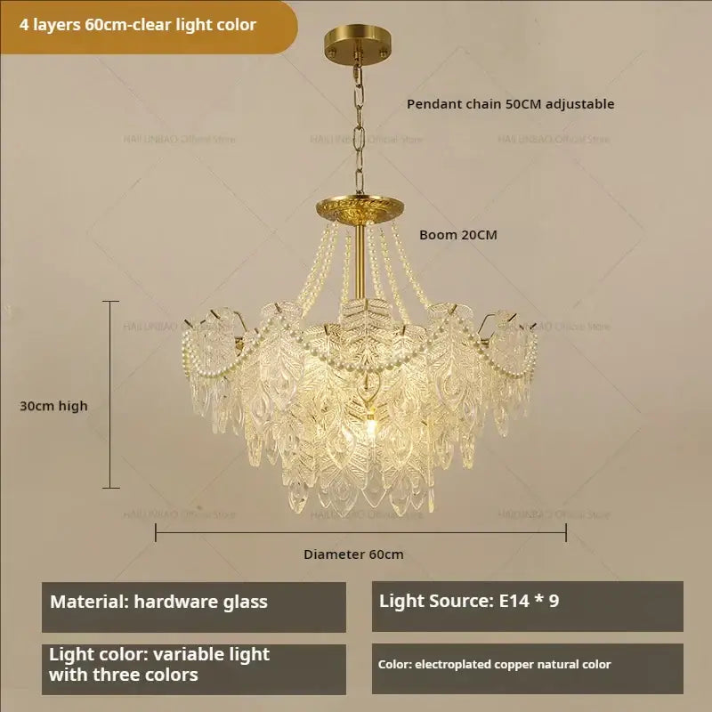 Decorbites crystal chandelier light with four layers of clear cut glass crystals and brass finish for luxury interiors