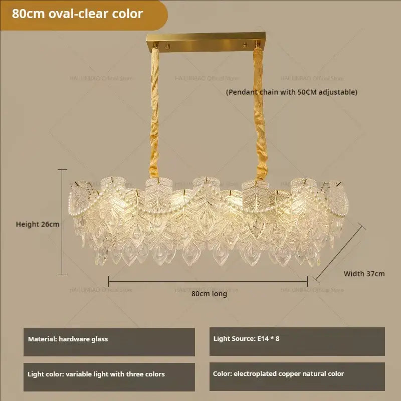 Decorbites crystal chandelier oval 80cm with clear hardware glass leaves electroplated copper frame and adjustable chains