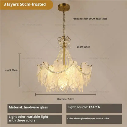 Elegant decorbites crystal chandelier light with three-layer frosted glass, copper frame, and pearl accents for luxury living rooms