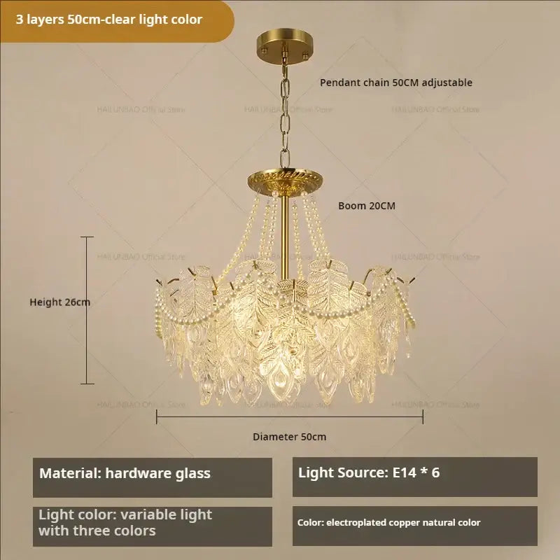 A decorbites crystal chandelier light featuring a multi-tiered electroplated copper frame with clear leaf-shaped crystals