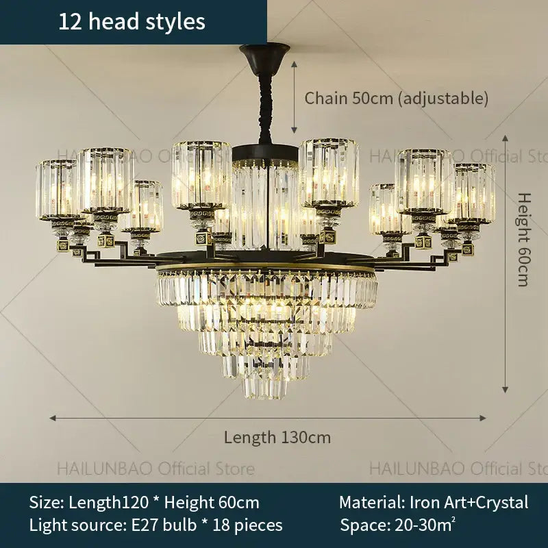 Luxurious black iron decorbites crystal chandelier light with multiple crystal prisms and 18 e27 bulbs for living spaces