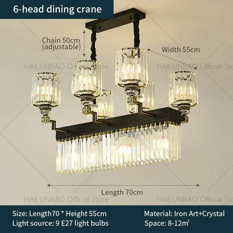 Black iron and crystal 6-head dining crane with adjustable chain in decorbites crystal chandelier light for luxury rooms