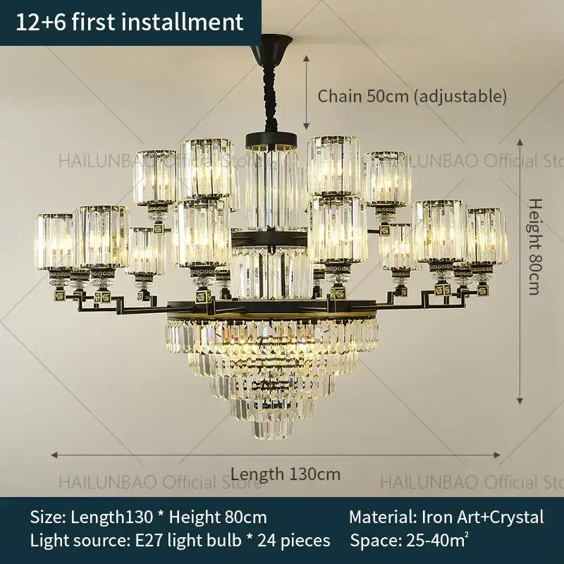 DecorBites crystal chandelier multi-tiered with dark iron frame and 24 illuminated e27 bulbs for luxury living spaces