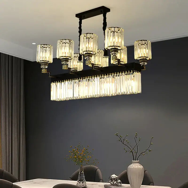 Elegant black metal DecorBites crystal chandelier with clear glass shades and dangling prisms for luxury living spaces
