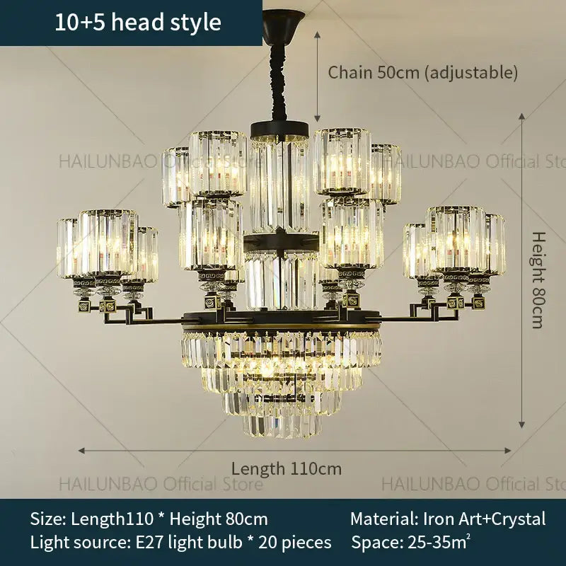 DecorBites crystal chandelier light with dark iron frame and 20 bulbs featuring cascading clear glass prisms