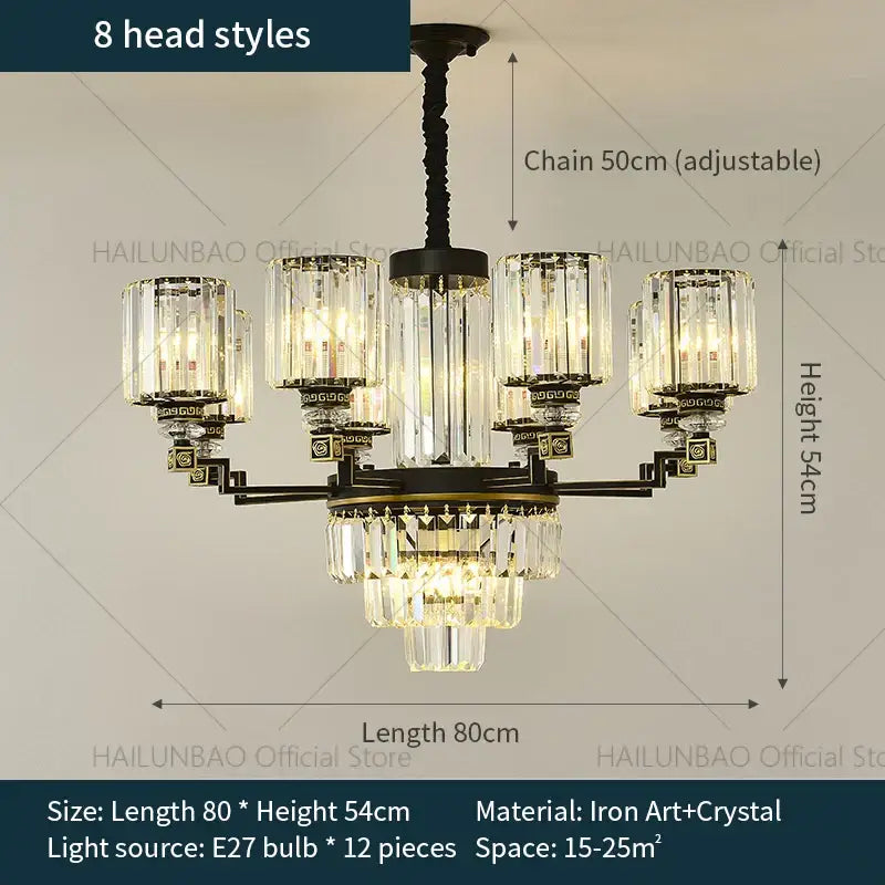 Black iron decorbites crystal chandelier light with crystal glass shades and brass accents for luxury living spaces
