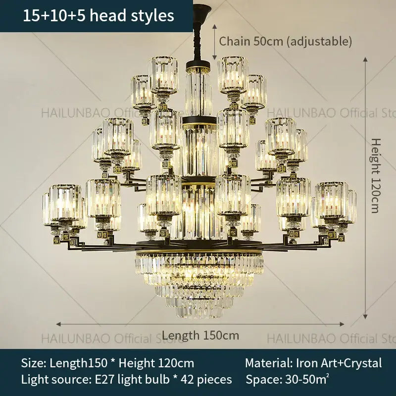 Decorbites crystal chandelier multi-tiered light with 42 crystal glass shades and black iron arms for luxury rooms