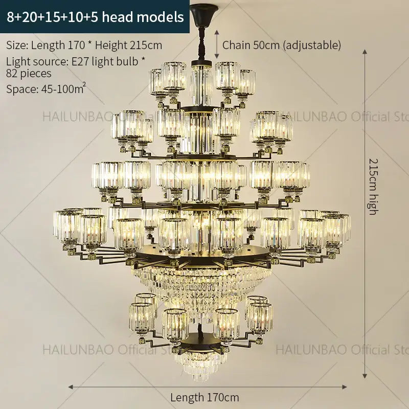 A decorbites crystal chandelier with multi-tiered clear glass shades and dark metal frame for luxury living spaces