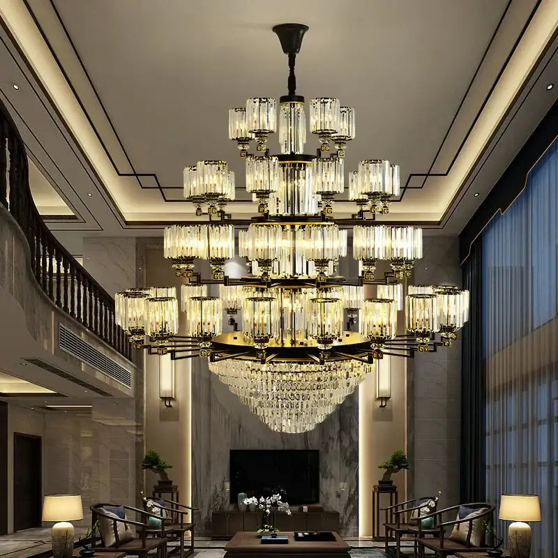 DecorBites crystal chandelier light with multi-tiered gold-toned metal and cascading glass prisms for luxury living spaces
