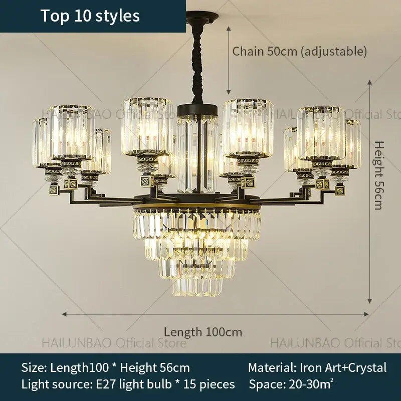 A decorbites crystal chandelier light with dark bronze iron frame and clear faceted glass crystals for luxury living spaces