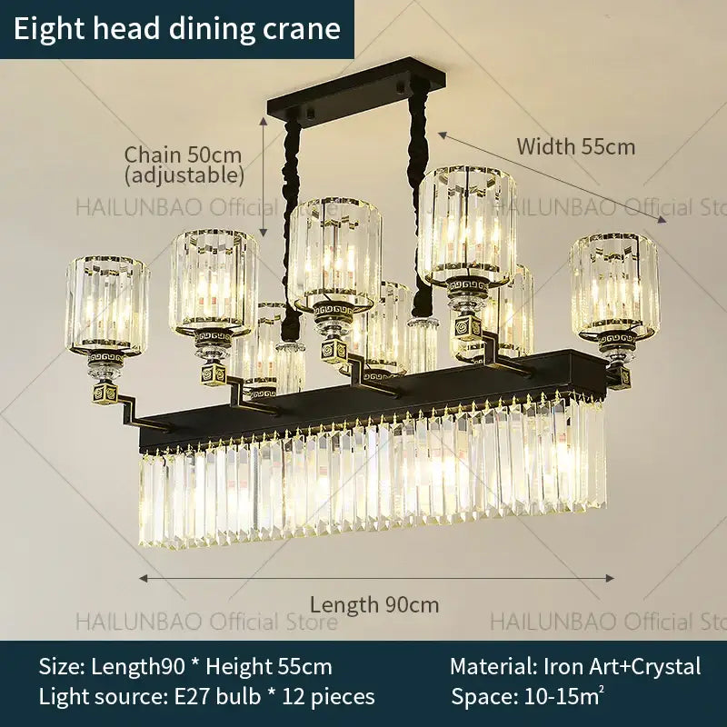 Black iron art dining crane decorbites crystal chandelier light with eight crystal arms and cascading crystal fringe