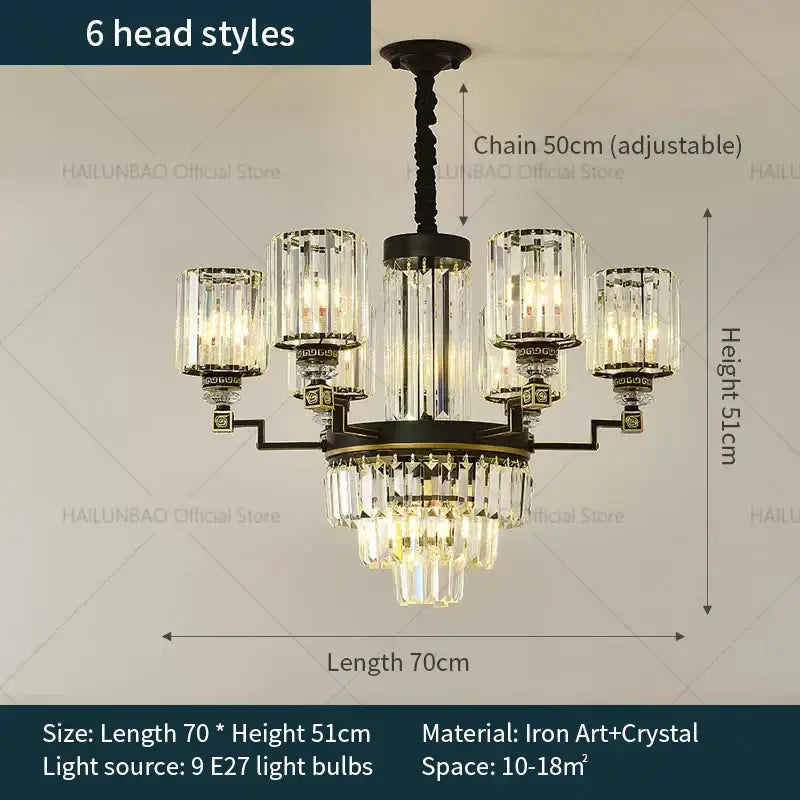 DecorBites crystal chandelier light with black iron frame, crystal glass shades, and adjustable chain for elegant living spaces