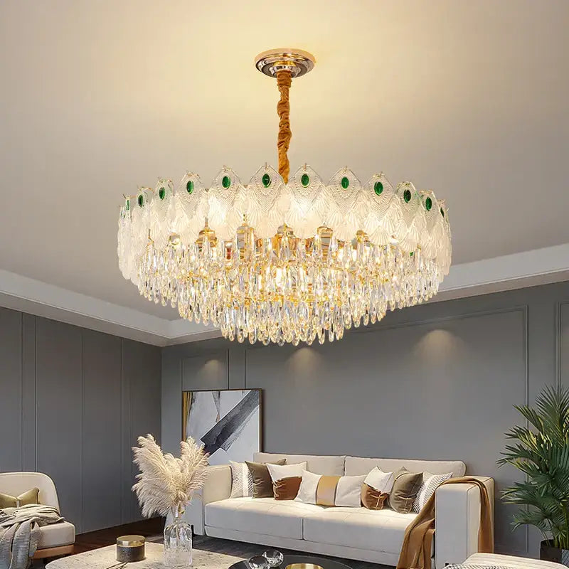 Luxurious decorbites crystal chandelier light with gold stem clear crystals and green accents for luxury living room lighting