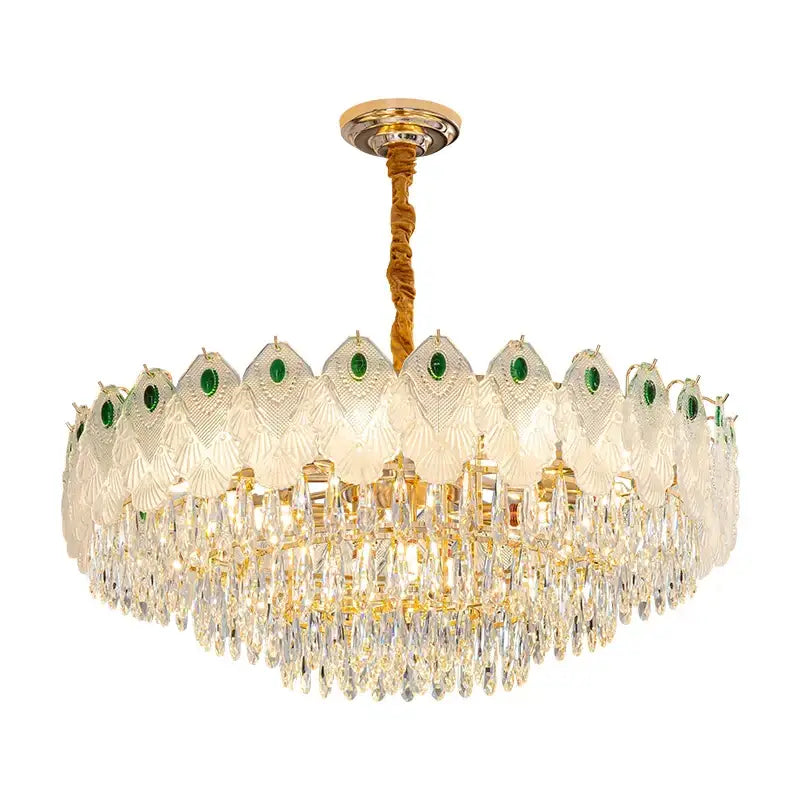 DecorBites crystal chandelier light with gold tone, intricate glass panels, green gemstones, and cascading crystal droplets