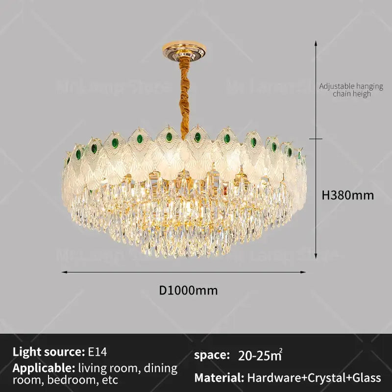 Elegant gold-toned decorbites crystal chandelier light with layered crystal droplets and green gemstone accents for luxury living room