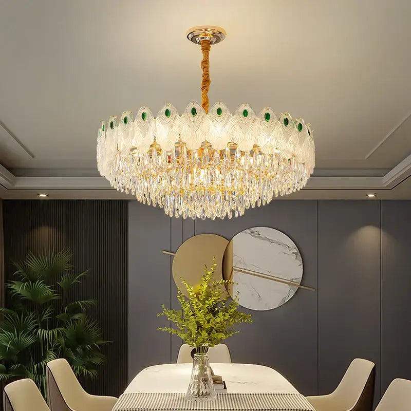 Decorbites crystal chandelier light with gold metal frame clear crystals and green accents for luxury living room decor