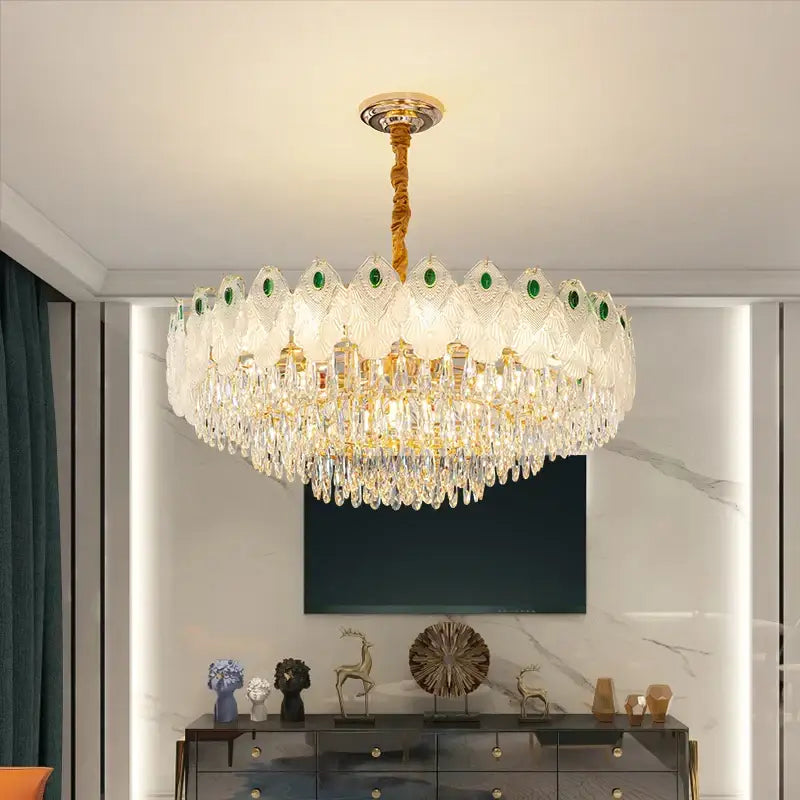 Decorbites crystal chandelier light with gold metal frame green gemstones and clear crystals for luxury living room
