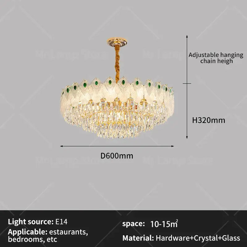 Elegant gold-toned decorbites crystal chandelier light with cascading crystal droplets and green glass panels for luxury living room