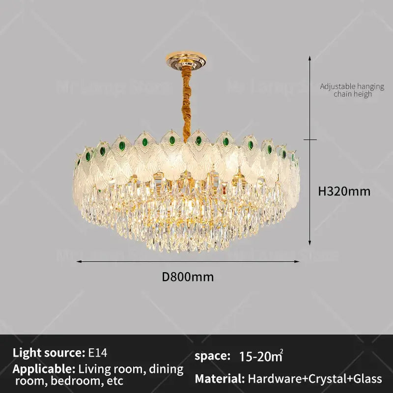 Elegant gold-toned DecorBites crystal chandelier with layered crystal droplets and green gemstones for luxury living room lighting