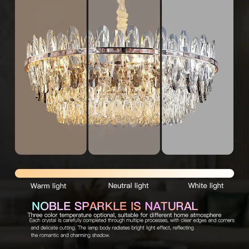DecorBites crystal chandelier light with sleek chrome frame and cascading clear amber crystals for luxury living spaces