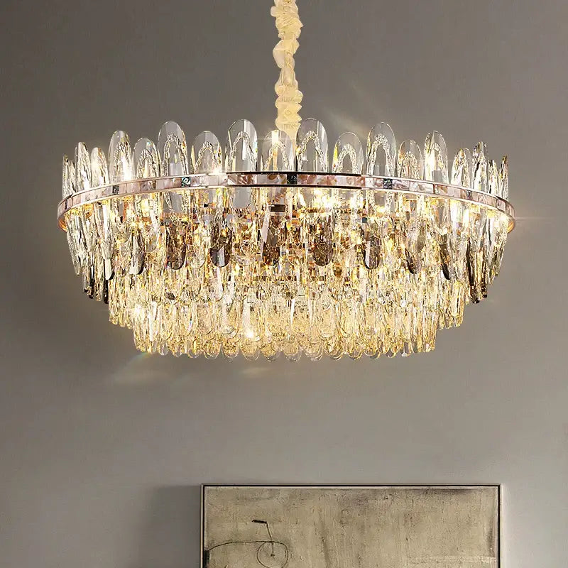 DecorBites crystal chandelier light with polished chrome frame and clear glass prisms for modern luxury living spaces