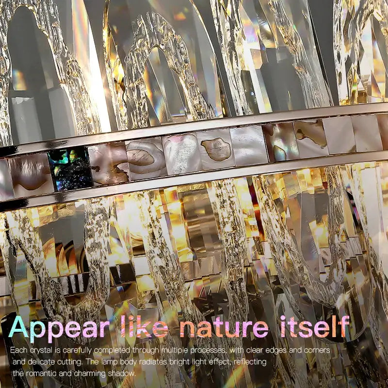 Decorbites crystal chandelier light with faceted glass elements and metallic frame features iridescent reflections for luxury living spaces