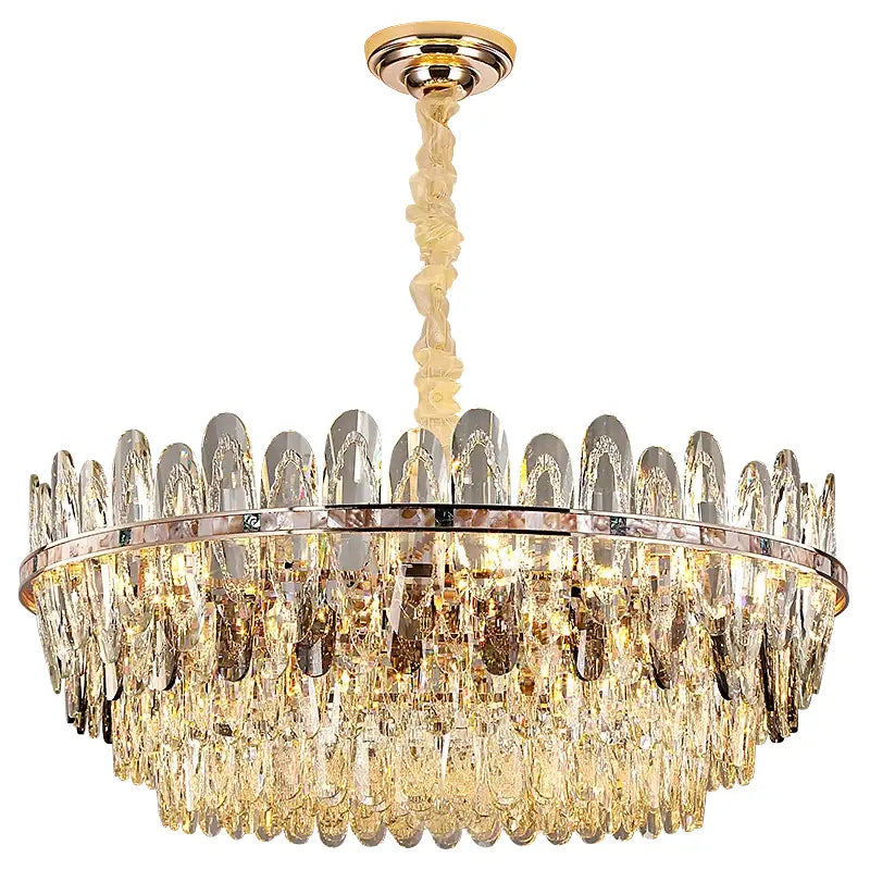 Elegant gold-toned decorbites crystal chandelier light with cascading crystal droplets and polished chrome ring for luxury living spaces