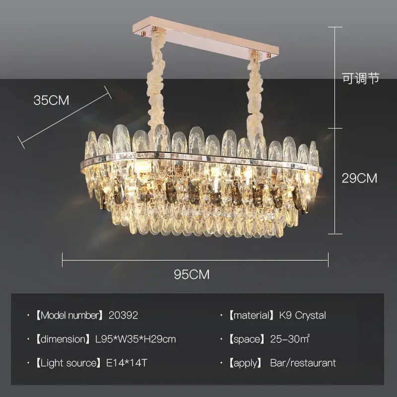 Luxurious decorbites crystal chandelier with oval polished chrome frame and cascading k9 crystal droplets suspended by cream chains