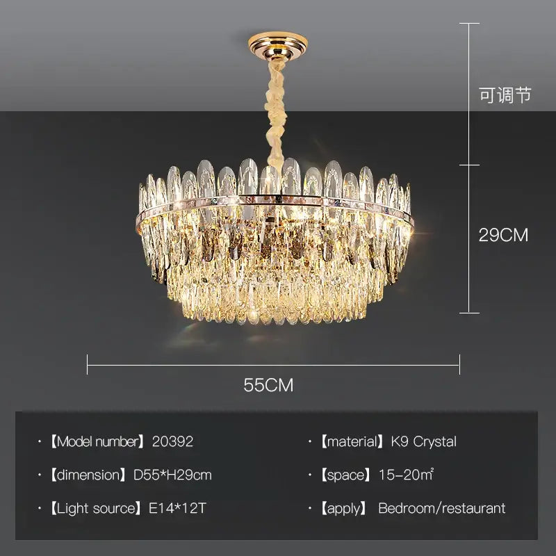 Luxurious gold-toned decorbites crystal chandelier light with cascading k9 crystal prisms for elegant bedroom or restaurant lighting