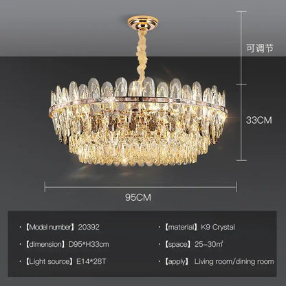Elegant gold-toned decorbites crystal chandelier light with cascading k9 crystal droplets and polished metal frame for luxury rooms