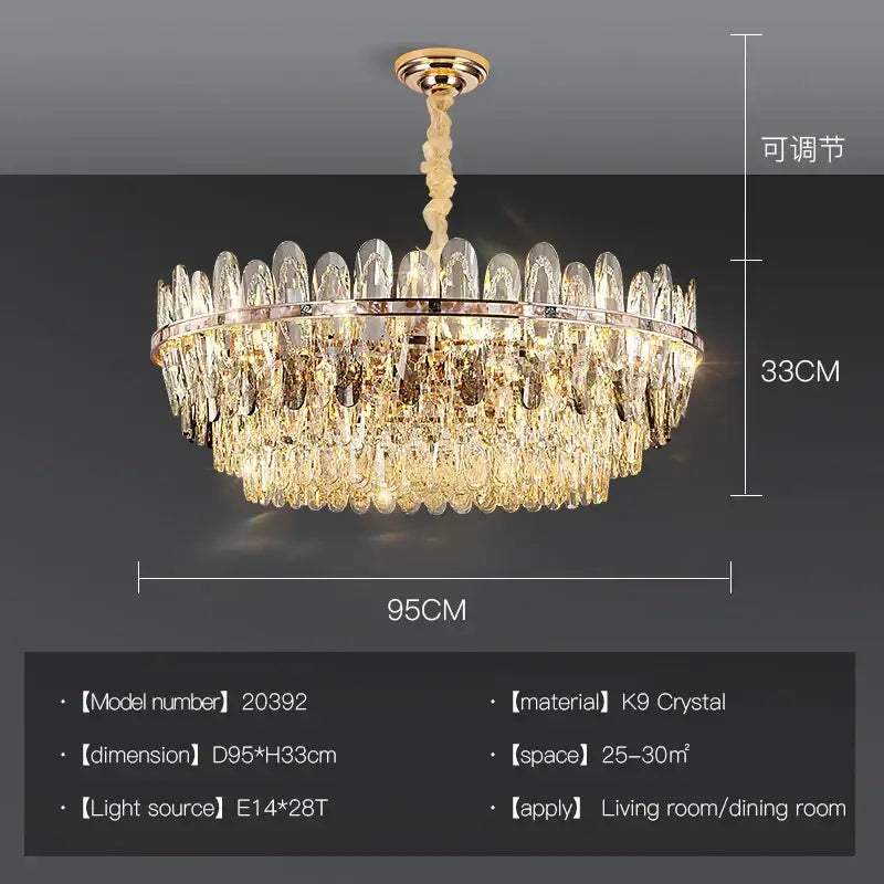 Elegant gold-toned decorbites crystal chandelier light with cascading k9 crystal droplets and polished metal frame for luxury rooms
