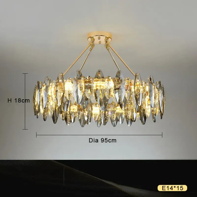 A luxurious gold-toned decorbites crystal chandelier light with cascading faceted crystal teardrops for bedroom and living room