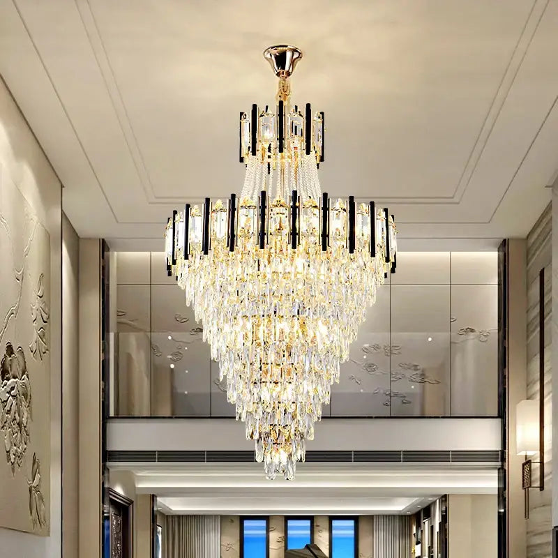 Luxurious decorbites crystal chandelier light with gold frame black bars and clear droplets for villa living room loft