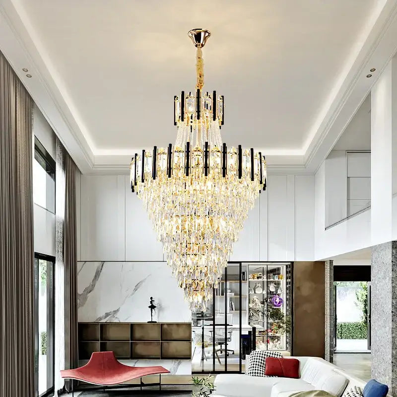 Decorbites crystal chandelier light in gold tone with cascading clear crystal prisms and black accents for villa living room