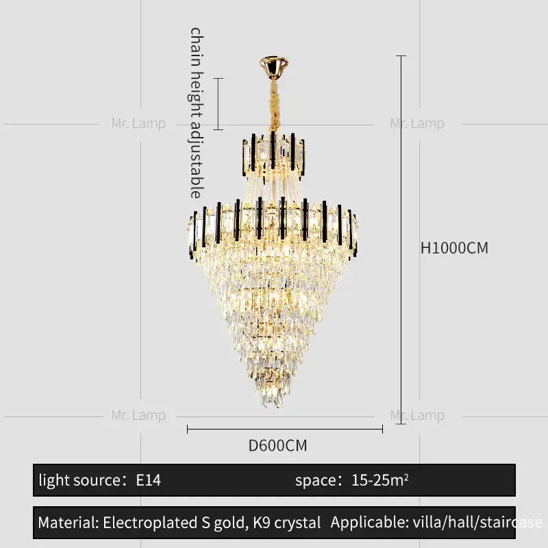 Luxurious decorbites crystal chandelier light with multi-tiered electroplated gold and k9 crystal for villa or hall settings