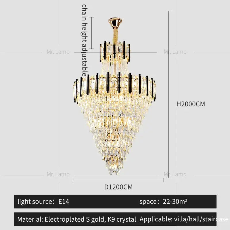 DecorBites crystal chandelier light with gold electroplated frame and cascading k9 crystal prisms for luxury lofts